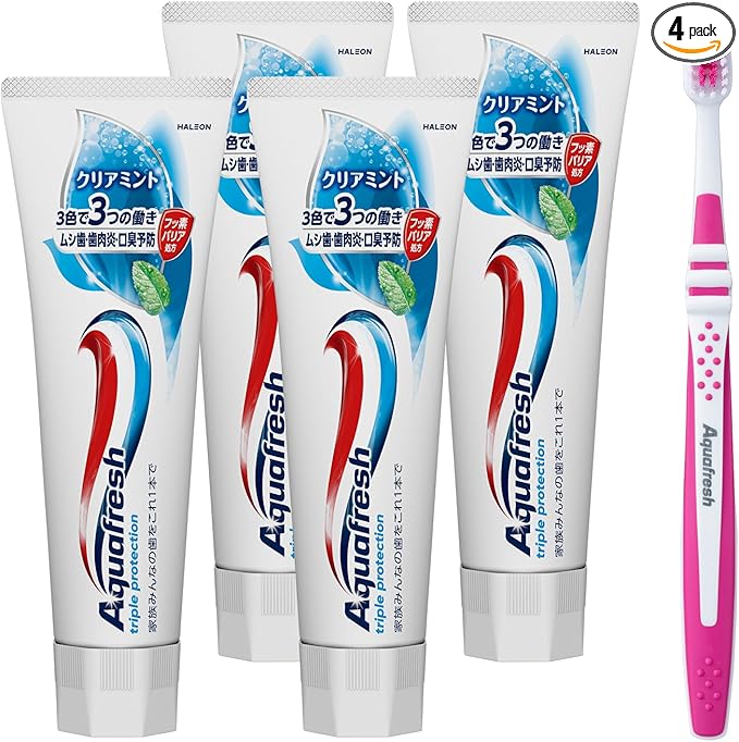 ［Aquafresh］ アクアフレッシュ クリアミント 歯磨き粉 140g 【医薬部外品】 4本+歯ブラシ付き